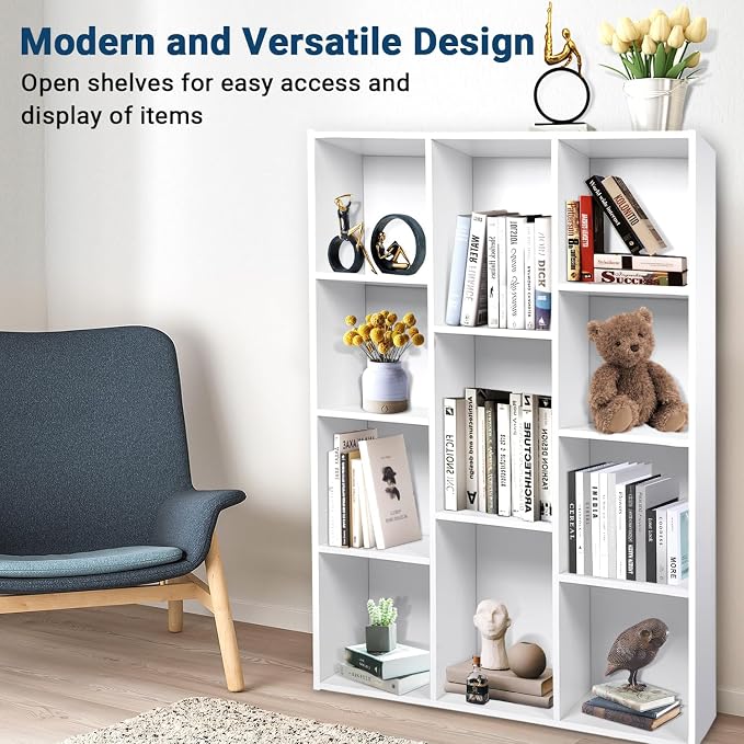 Whitmor 11 Cube Storage Organizer, 4 Tier Stackable Bookcase, Open Storage Display Bookshelf, Storage Cabinet for Living Room, Bedroom, Home, Office, 29.1" L x 9.4" W x 41.7" H, White