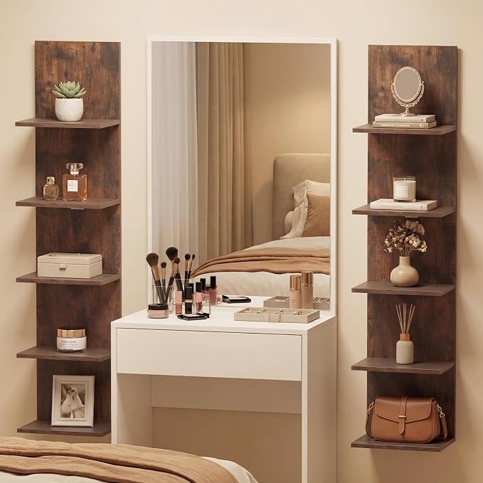 GOFLAME 5-Tier Wall Shelf, Wooden Display Floating Shelves, Wall Mounted Bookshelf Shelving Unit, Modern Storage Organizer Vanity Shelves for Living Room, Bedroom, Home Office (1,Rustic Brown)