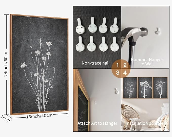 Tinonedraw Black and White Floral Framed Canvas Wall Art Set, Vintage Flower Wall Decor, Dark Academia Minimalist Botanical Art Paintings, Wildflower Art Print for Living Room Bedroom Office 16"x24"x3