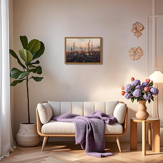 Vintage Flower Wall Art, Dark Floral Wall Decor Painting, Framed 3D Textured Hand Drawn Sandstone Farmhouse Landscape Pictures Artwork for Living Room Bedroom 12x16 inch Wood Frame