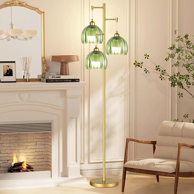 ZECOXOL Gold Floor Lamps for Living Room Bedroom-3 Light Glass Floor Lamp with Three Led Bulb, Rustic Tall Floor Lamp Gold Standing Lamp Tree Floor Lamps for Living Room Bedroom,Office,Corner