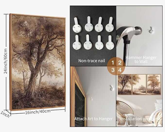 Rantodecor Vintage Landscape Framed Canvas Wall Art Triptych, Rustic Tree Sketch Wall Decor, Large Claming Nature Forest Art Paintings, Modern Relax Farmhouse Artwork for Bedroom Living Room 16"x24"x3