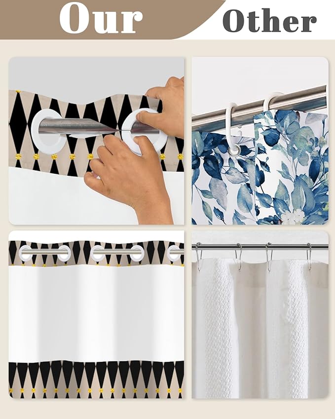 No Hook Shower Curtain with Snap in Liner, Black and Beige Diamond Geometric Double Layer Waterproof Bath Curtain for Modern Mid Century Bathroom Decor, See Through Top, 71x74 Inch
