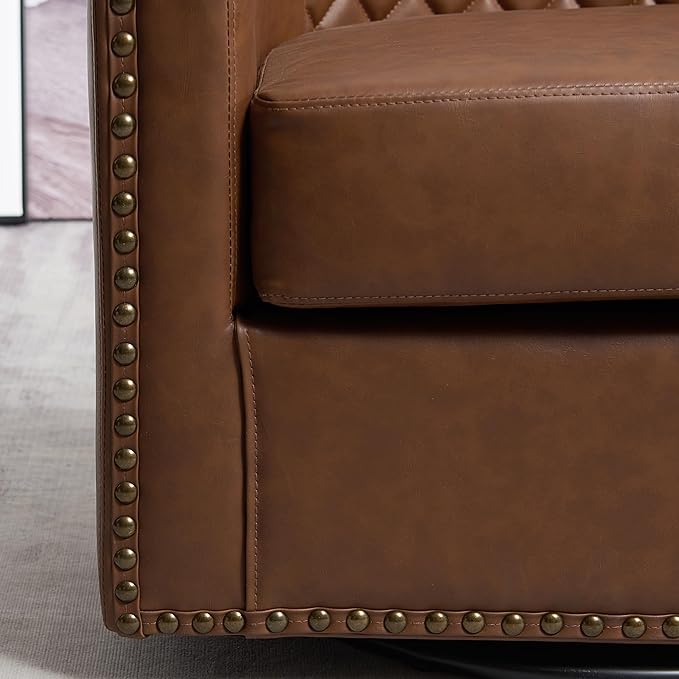 KINWELL 29" Wide Tufted Faux Leather Accent Chairs Set of 2, Small Swivel Barrel Chairs, Modern Round PU Leather Upholstered Armchairs with Nailhead Trim for Living Room Apartment, Brown