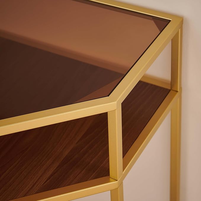 LumFurn Corner Table for Small Space, Triangle Computer Desk for Living Room, Bedroom, Workstation, Office, 2-Tier Structure, Amber Glass Top and Walnut Shelf with Gold Finish Frame