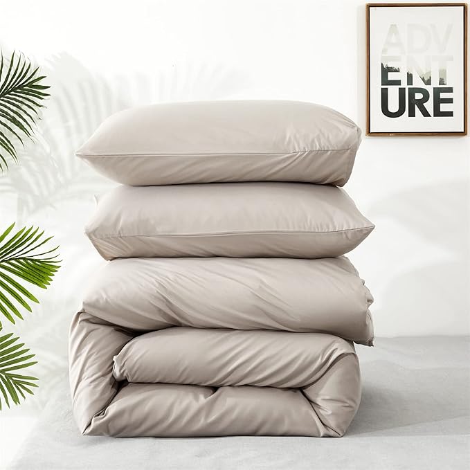 Pureant Beige Khaki Comforter Set Queen Size Light Khaki Bedding Set 3PCS Solid Oatmeal Comforter Modern Soft Women Men Cream Coffee Bedding Light Taupe Queen Size Quilts Cotton Champagne Bedding