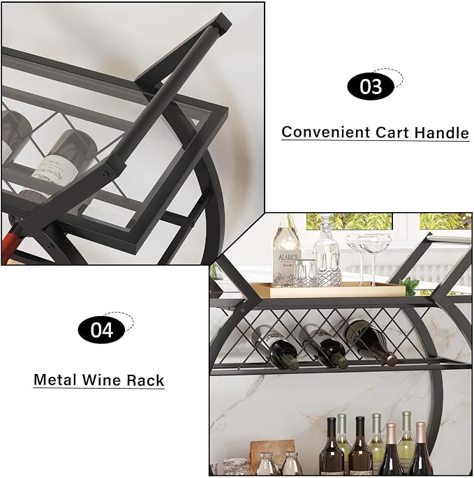 LVB Bar Cart with Glass, Black Bar Cart with Wheels, Home Bar Serving Cart with 2 Tier Storage Glass Shelves, Wine Cart with Wine Rack, Liquor Cart for Kitchen, Bar, Dinning Room