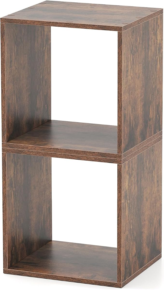 2 Stackable Cubes Bookcase, Wooden Cubby Storage Organizer with Anti-Tipping Device, Small Book Shelf for Small Space, Combination Square Bookshelf Cubes (1, Rustic Brown)
