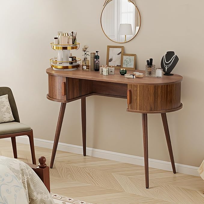 Mid-Century 43" Wood Writing Desk, Home Office Computer Laptop Desk with 2 Sliding Storage Space, Elegant Fluted Vanity Table Multifunctional Study Desk for Office, Bedroom (Wlanut-43)