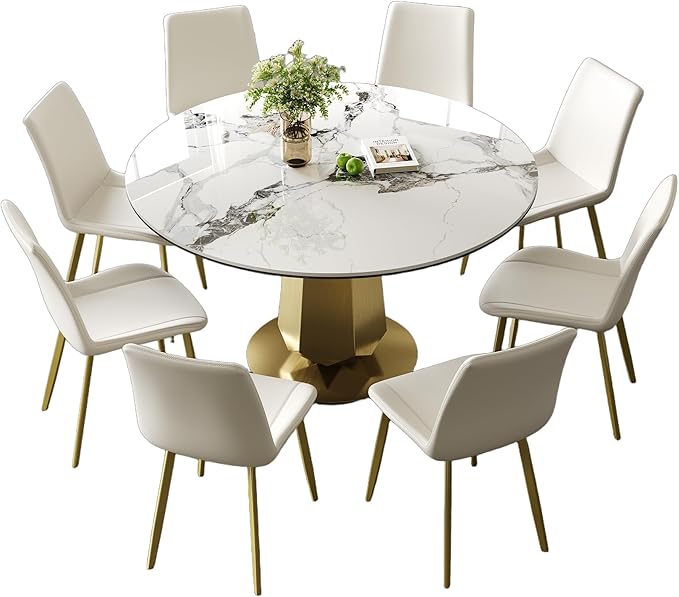 Montary 53 inch Luxury Round Dining Table Set with Sintered Stone Top & Gold Stainless Steel Base, Modern 9-Piece Kitchen Set for 4-8 People, Dining Table with 8 White PU Chairs, Easy Assembly