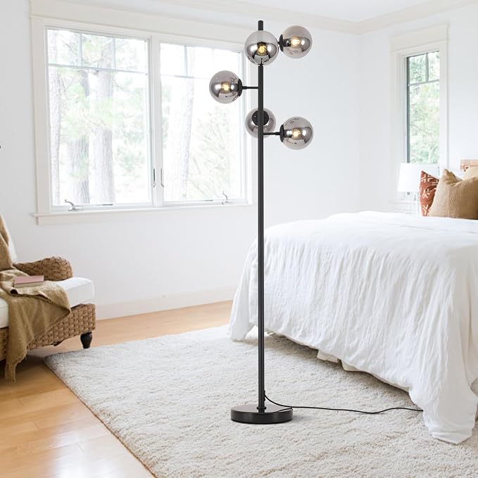 KCO Lighting Smoked Glass Floor Lamp Modern Globe Floor Lamp Farmhouse Black Standing Lamp Multi Head Floor Lamps for Living Room Bedrooms Office