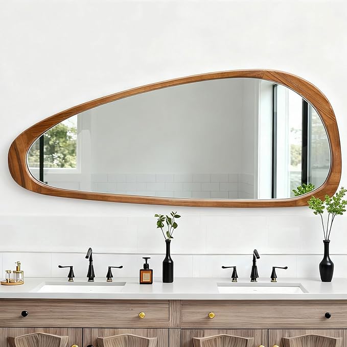 Asymmetrical Mirror, 48"x22" Irregular Mirror Full Length, Wood Wall Mirror for Bathroom Bedroom Living Room Entryway Hallway, Mid Century Modern Decor (Natural Wood)