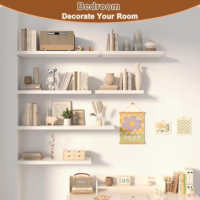 12 Inch Deep Floating Shelves, 24" W x 12" D Wood Floating Shelves for Wall, Large Storage Space Wall Mount Shelf with Invisible Brackets for Living Room Kitchen Bathroom, 1 Pack, White