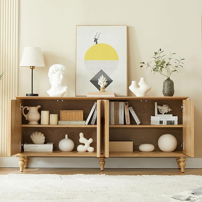 LKTART 62.99" Sideboard Buffet Cabinet with Storage, Solid Wood Kitchen Storage Cabinet Credenza Accent Console Table with Solid Wood Roman Legs Dovetail Door Trim Panel Ash Veneer,Natural Oak