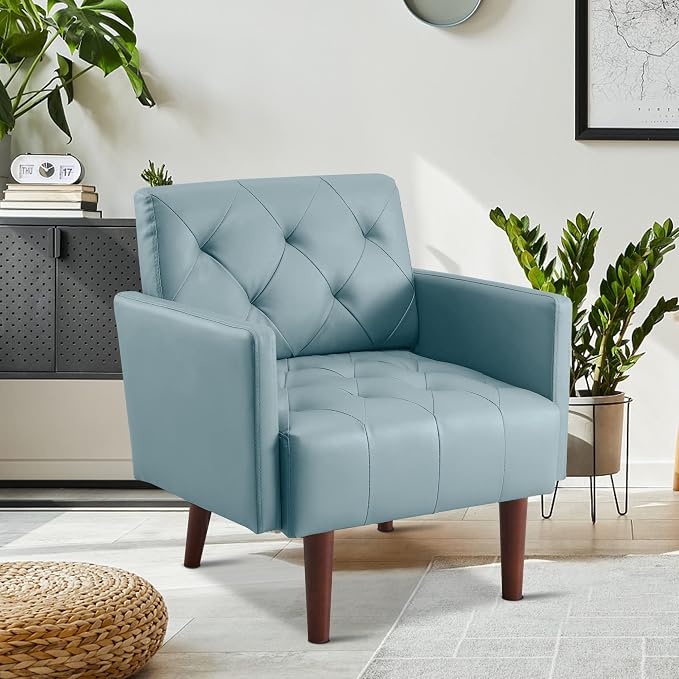 Faux Leather Accent Chair Modern PU Armchair, Retro Tufted Upholstered Arm Chair, Comfy Leather Club Chair Single Sofa for Living Room, Bedroom, Reading Room, Apartment (Blue)