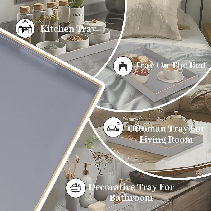 MAONAME Gray Serving Tray with Handles, Modern Grey Decorative Tray for Coffee Table, Plastic Rectangular Gray Trays for Ottoman, Bathroom, Decor, 15.8” x 10.2” x 1.4"
