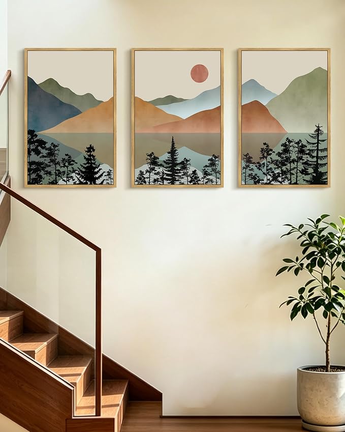 KUVIOKE Watercolor Mountain Framed Wall Art Nature Laker Landscape Painting Sun Rises Boho Farmhouse Rustic Room Decor 16x24in (Natural Framed)