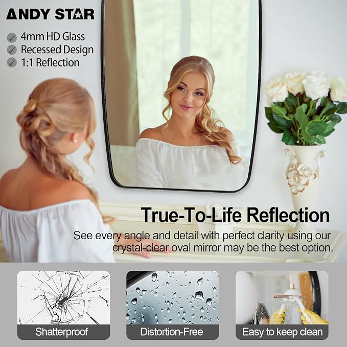 ANDY STAR 22x30 Black Bathroom Mirror, Oblong Vanity Mirror with Stainless Steel Metal Frame, Matte Black Oval Mirror for Over Sink, Modern Anti Rust Wall Mounted