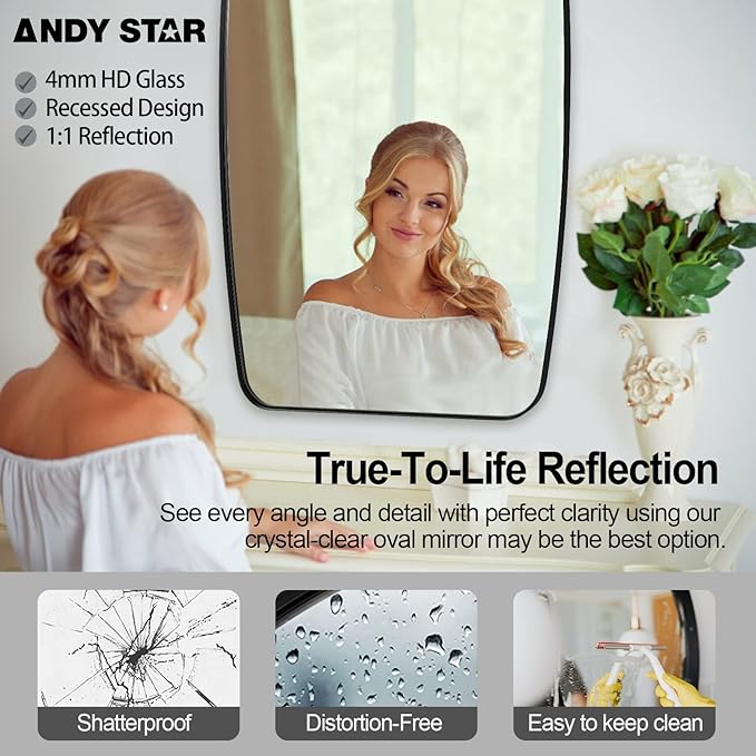 ANDY STAR 20x28 Black Bathroom Mirror, Oblong Vanity Mirror with Stainless Steel Metal Frame, Matte Black Mirror for Over Sink, Modern Anti Rust Wall Mounted