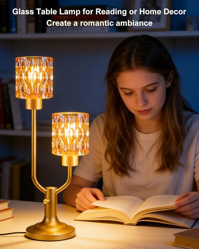 Lightdot Mid Century Modern Table Lamp for Living Room Dimmable Nightstand Lamp Amber Glass Vintage Gold Desk Lamp 2 Bulbs Included Warmwhite Ambient Bedside Lamps for Bedroom Home Office Decor Gift
