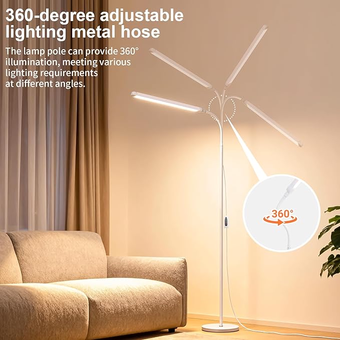 White 12W LED Bright Reading Floor Lamp for Living Room Bedroom Bedside Office Library, Eye-protection flicker-free adjustable from 3000-6000K ,Eyelash Tattoo Makeup Tall Standing Dimming Light