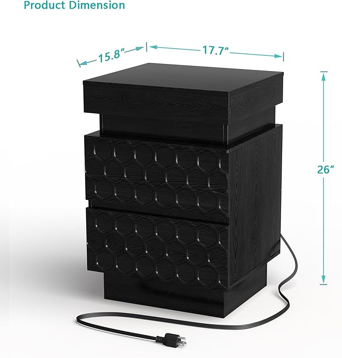 Led Nightstand with Charging Station, Hexagonal Fluted Night Stand with Sliding Top, Wooden Bedside Table with 3 Drawers, Modern Bed Side End Table for Bedroom, Living Room, Black