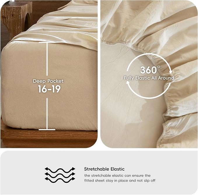 MooMee Bedding Sheet Set 100% Washed Cotton Linen Like Textured Breathable Durable Soft Comfy (Heathered Almond Milk Grey, Full)