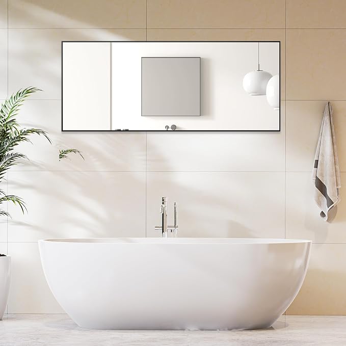 OLIXIS 64"x 21.5" Mirror Full Length, Full Body Mirror with Stand, Hanging or Leaning for Wall, Floor Standing with Shatter-Proof Glass for Bedroom, Living Room, Long, Black