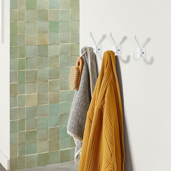 Large Wall Hooks 2 Pack White Coat Hooks Hardware Towel Hooks for Hanging Coats 4.35 Inch Double Robe Hooks Wall Mounted with Screws for Key, Towel, Bags, Cup, Hat
