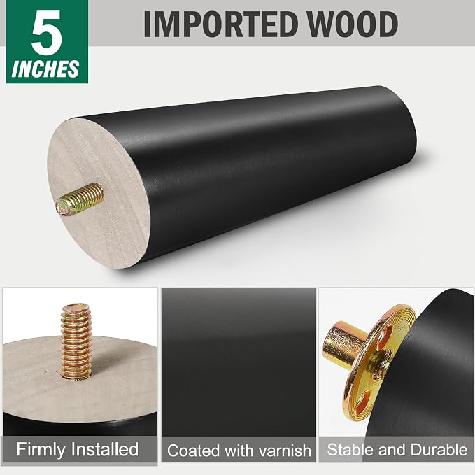 FoDau770 Black Rubber Wood Furniture Legs 5 Inches, 5/16" UNC Slant Tapered Wood Feet Mid Century Sofa Legs, Wooden Furniture Feet Replacement Parts for Cabinet Couch Dresser Chair Ottoman Table