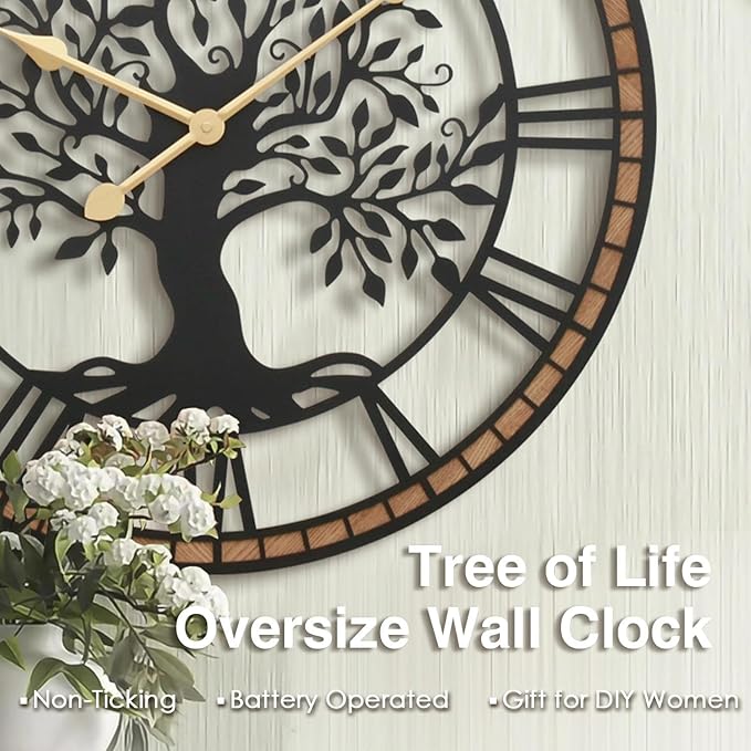 Micasso Vintage Oversize Wall Clock: 38Inch Farmhouse Tree of Life Metal with Wood Frame - Rustic Battery Operated Wall Clocks for Fireplace/Living Room/High-Ceiling - Home Decor for Homemakers