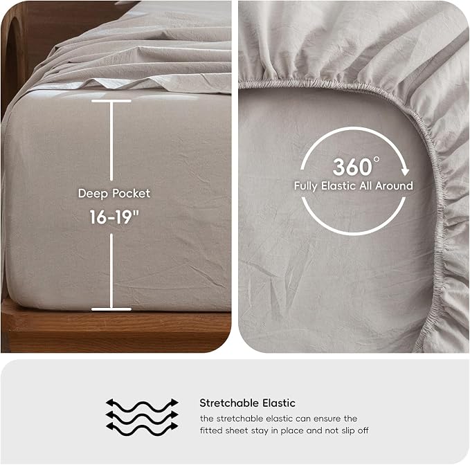 MooMee Bedding Sheet Set 100% Washed Cotton Linen Like Textured Breathable Durable Soft Comfy (Solid Light Tan, California King)