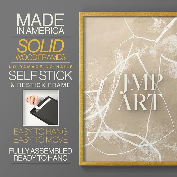 Renditions Gallery Set of 2 Peel & Stick Framed Prints, Neutral Abstract Wall Art, Beige Line Art Pattern Wall Decor, Re-Stickable - Ready to Hang - 16"x20" - GOLD Frame LT588