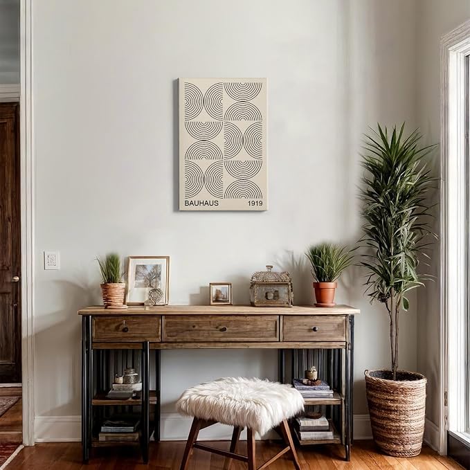 Bauhaus Canvas Wall Art Boho Minimalist Posters Black and Beige Artwork Abstract Neutral Prints Geometric Gallery Wall Art Bauhaus Exhibition Poster Mid Century Modern Painting 16x24inch Wood Framed