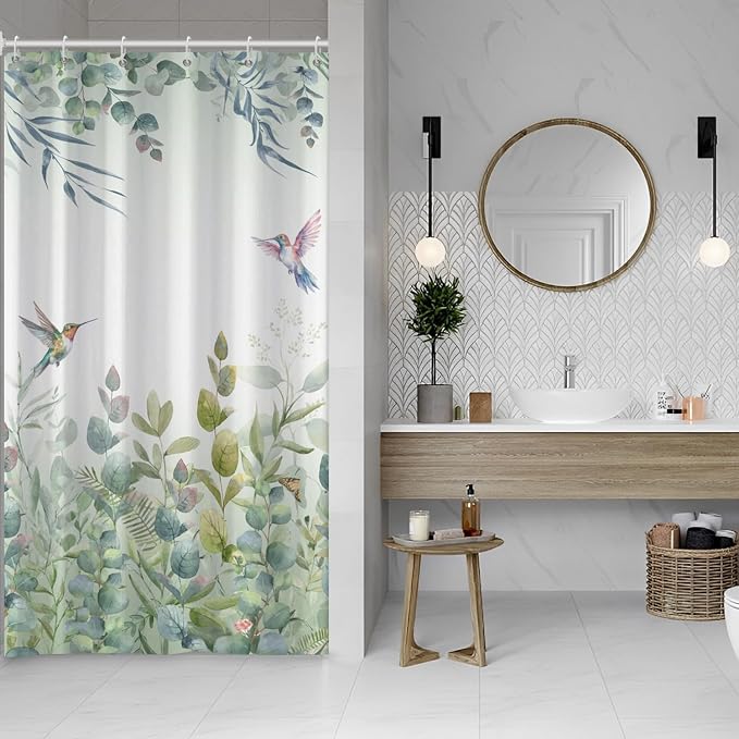 Green Leaf Shower Curtain Colourful Bird Eucalyptus Bathroom Curtain Plant Leaves Botanical Hummingbird Spring Summer Shower Curtain Sets for Bathroom Extra Long 36x72 in with 6 Hooks