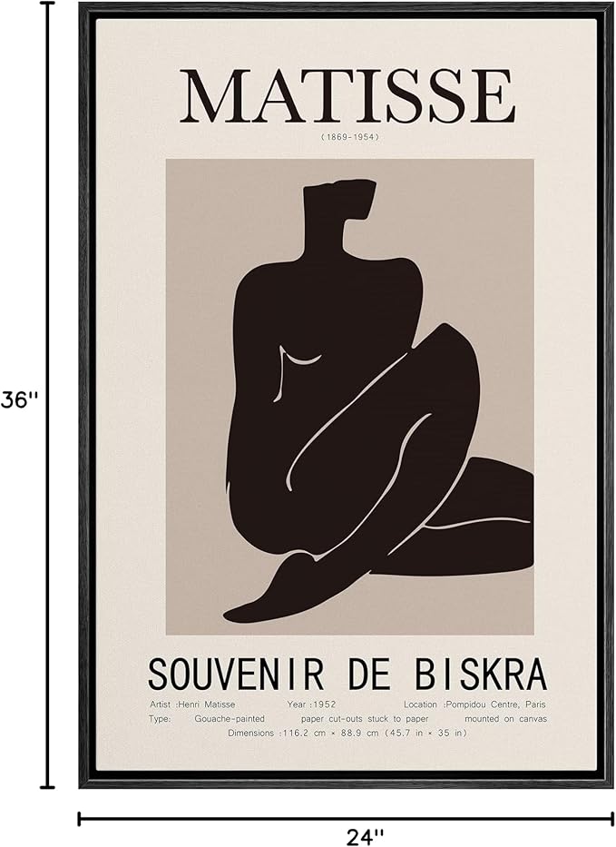 MUDECOR Framed Canvas Print Wall Art Henri Matisse Black & Tan Abstract Female Nude People Shapes Drawings Modern Art Minimalist Multicolor Cool for Living Room, Bedroom, Office - 24"x36" Black