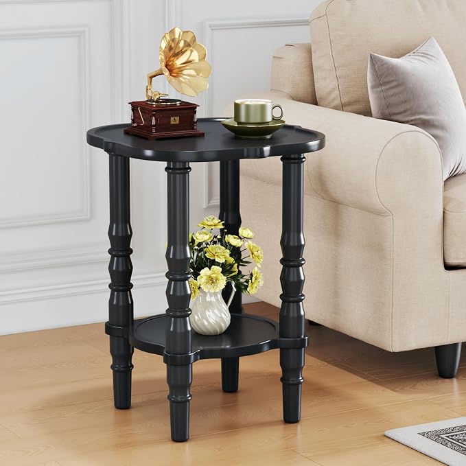 Solid Wood End Table Living Room - 21.7" H Small Narrow Square Wooden End Table for Small Spaces, Dark Real Black Solid Wood Vintage Antique Side Bedside Table Nightstand with 2-Tier Storage
