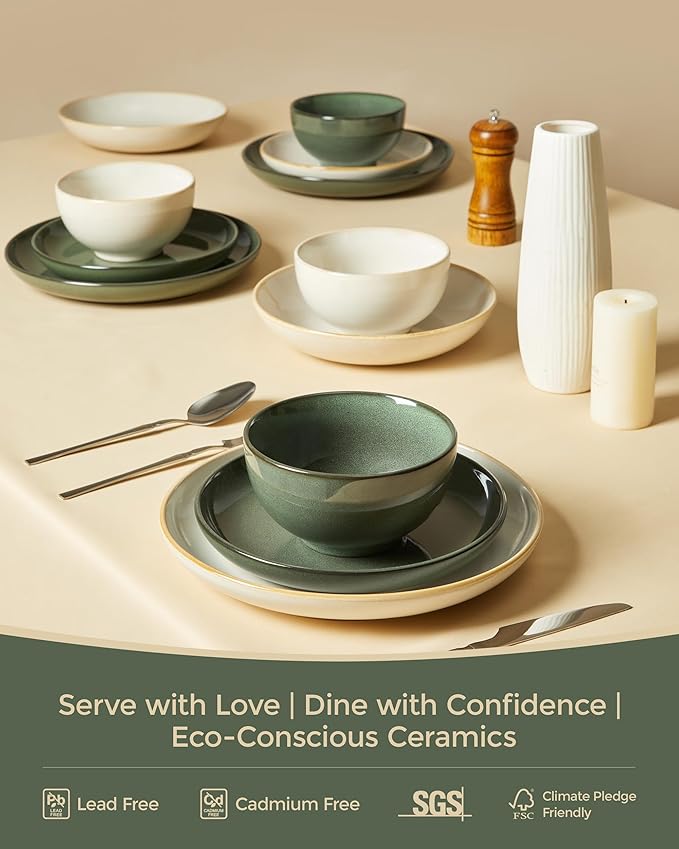 Pokini Stoneware Dinnerware Sets for 6, 18 Piece Microwave Safe Plate and Bowl Set, Easy to Clean & Durable Dishes Sets for Small to Medium Families, Forest Green