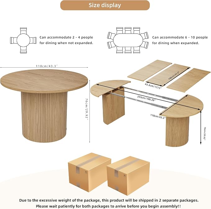 43-95 inch Long Round Extendable Dining Table for 4-10, Space Saving Oval Large Dinner Kitchen Table with 3 Leaf, 2 Storage, Fluted Mid Century Modern Dining Room Table for Living Room, Natural
