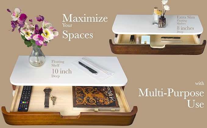 Floating Shelf with Drawer - Floating Drawers for Wall - Wall Shelf with Drawer for Living Room,Office - Walnut Floating Shelves 10 Inches Deep with Pull Out Drawer