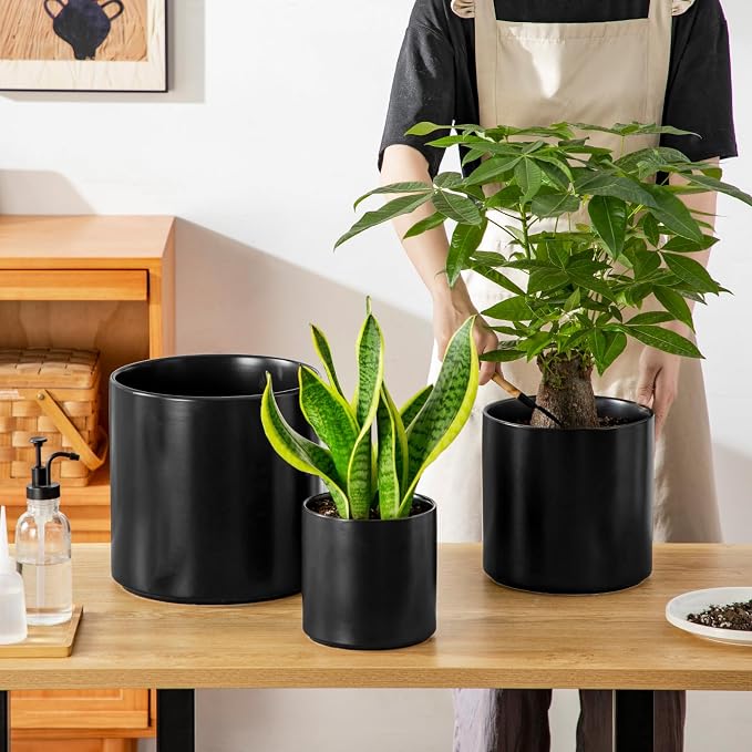 vancasso 6"+8"+10" Ceramic Pot for Plants, Large Outdoor Indoor Planter Pots with Drainage Holes, Set of 3, Black