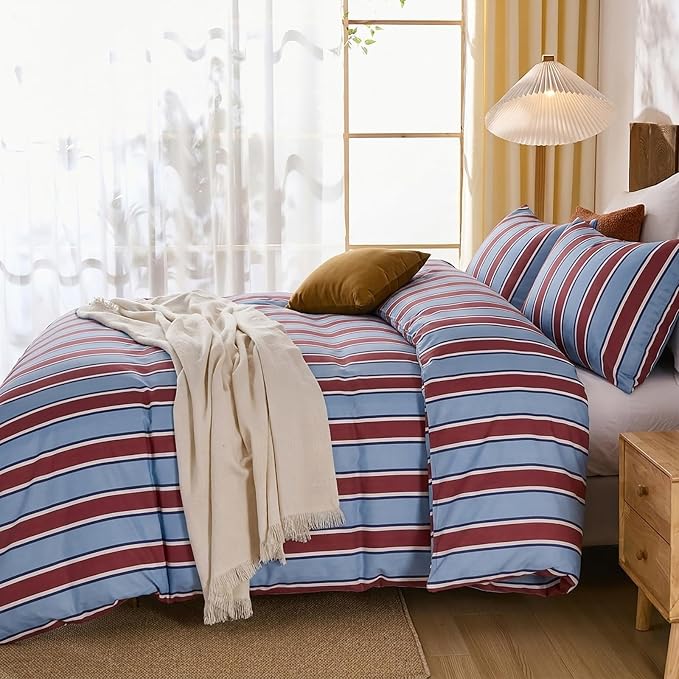 Merryword Burgundy and Blue Striped Duvet Cover Set King Size, 100% Cotton Bedding Set with Zipper Closure & 8 Corner Ties, Awning Stripe Bedding, Soft Breathable Comforter Cover for All Seasons