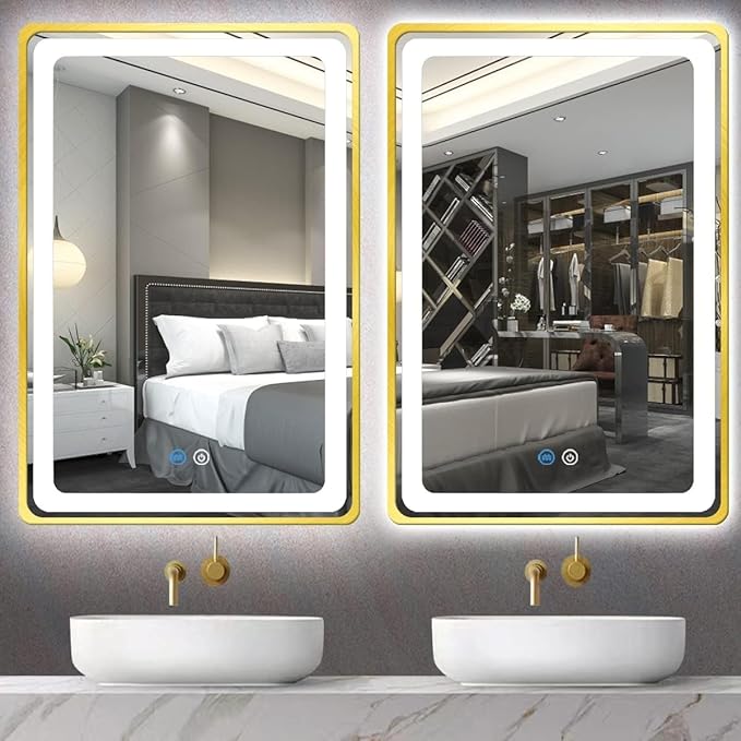 20 x 30 Inch Gold Vanity Mirror with Lights Gold Frame Lighted mirror for Bathroom Horizontal/Vertical Wall Mounted Tabletop LED Makeup Mirror with Light Smart Memory 3 Color Dimmable AntiFog