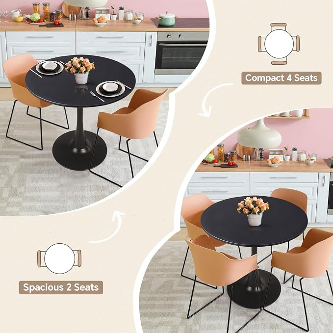 Round Dining Table 27.5" Black Tulip Table with Pedestal Base for 2-4 People Small Space - Kitchen Living Room Cafe