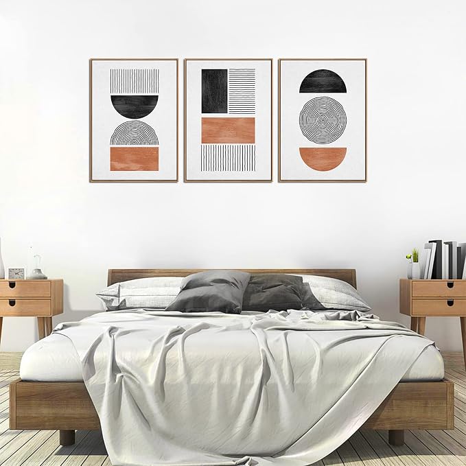 Framed Wall Art Canvas Set Mid Century Boho Pictures Modern Geometric Wall Decor Minimalist Black Brown Bohemian Abstract Painting Artwork for Living Room Bedroom Office 20"x28"x3 Natural