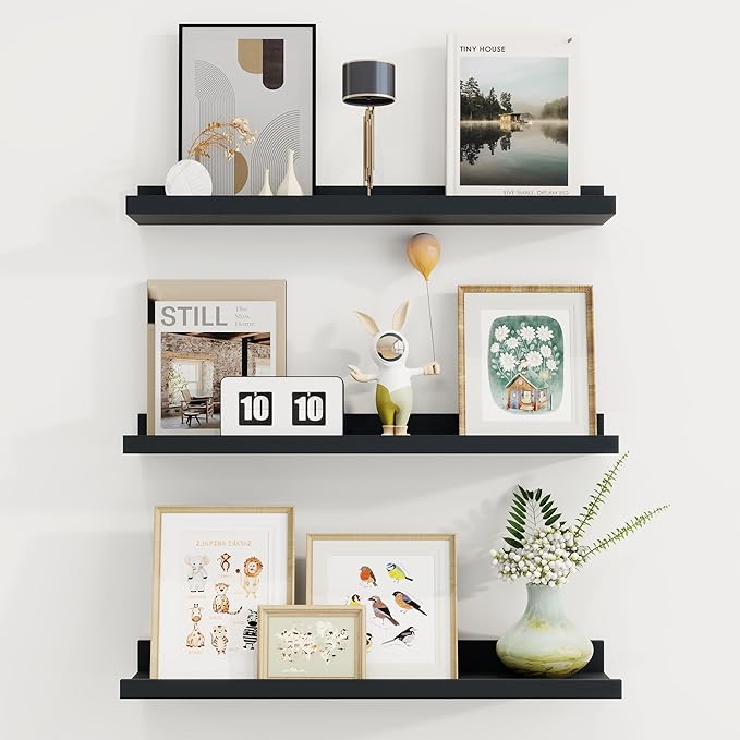 Axeman Picture Ledge Shelf | 24 Inch Black Floating Shelves Set of 3 | Rustic Wood Wall Shelves with Lip | 24" Black Picture Shelf for Wall with Ledge | Photo Shelves