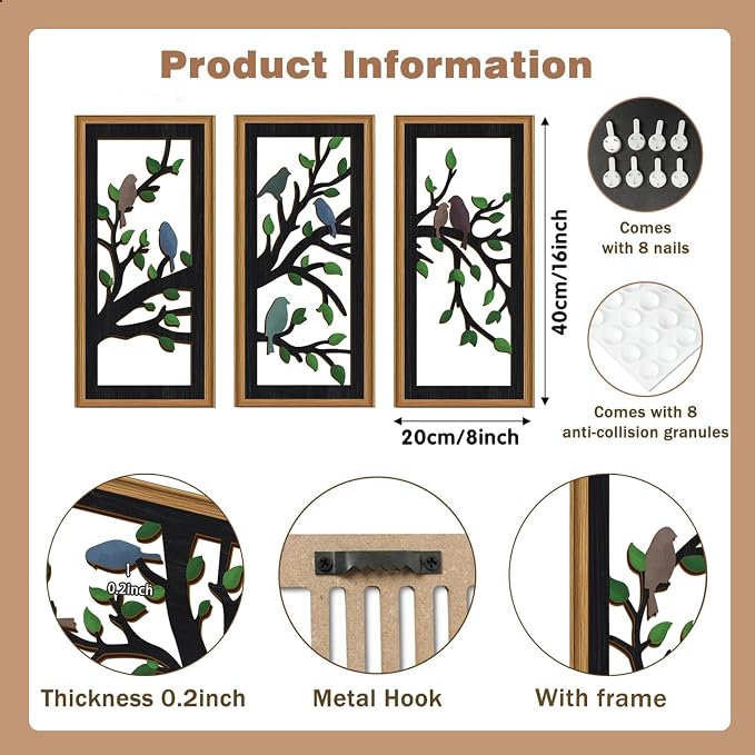 Ausril 3 Pcs Birds Tree Branch Wall Decor,Black Tree of Life Wall Art,Green Leaves with Bird Wall Art,Branch Birds Silhouette Artwork Sculpture,Black Tree Sign Wood Framed for Home Living Room Bedroom