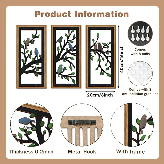 Ausril 3 Pcs Birds Tree Branch Wall Decor,Black Tree of Life Wall Art,Green Leaves with Bird Wall Art,Branch Birds Silhouette Artwork Sculpture,Black Tree Sign Wood Framed for Home Living Room Bedroom