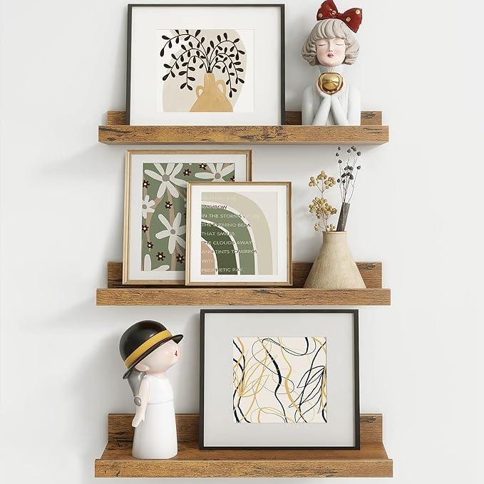 Axeman Picture Ledge Shelf | 16 Inch Brown Floating Shelves Set of 3 | Rustic Brown Wood Wall Shelves with Lip | 16" Picture Shelf for Wall with Ledge | Photo Shelves