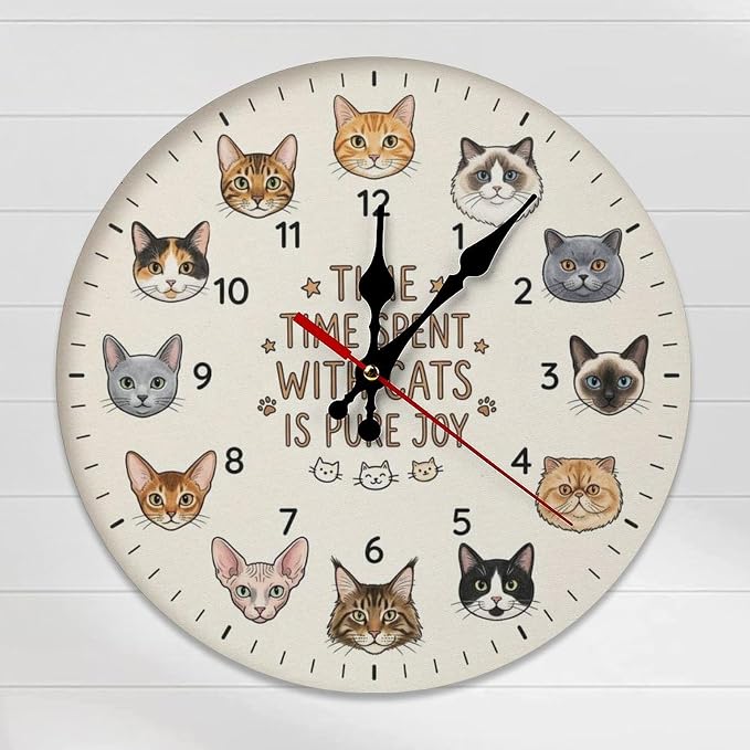 Adorable Cat Lover Frameless Wooden Wall Clock Silent Non-Ticking | Battery Operated Home Decor for Living Room Kids Room Office, 10 & 12 Inch Round